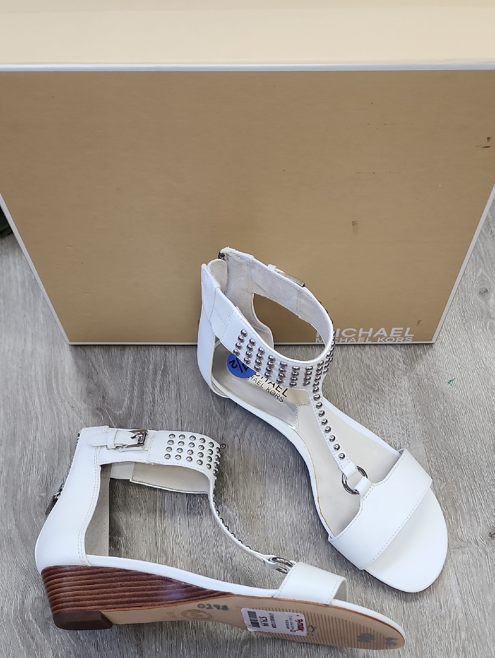 Michael Kors White Studded T-Strap Sandals with Low Wood Heel